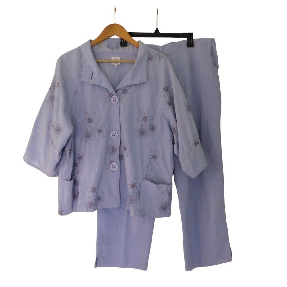 Vintage Lagenlook Pants‎ Suit Embroidery Capri Oversized Purple Size XL Focus